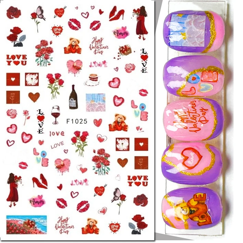 3d Nail Art Stickers Valentine Day Red Roses Heels Girls Heart Love Letters Adhesive Sliders Nail Decals For Manicure