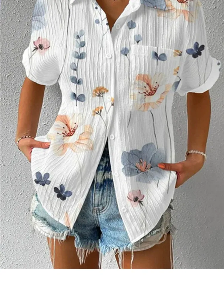 Women's White Casual Loose Shirts Shirts Clothing Summer Vintage Short Sleevee Print Pockets Blouses Fashion Elegant Female Tops