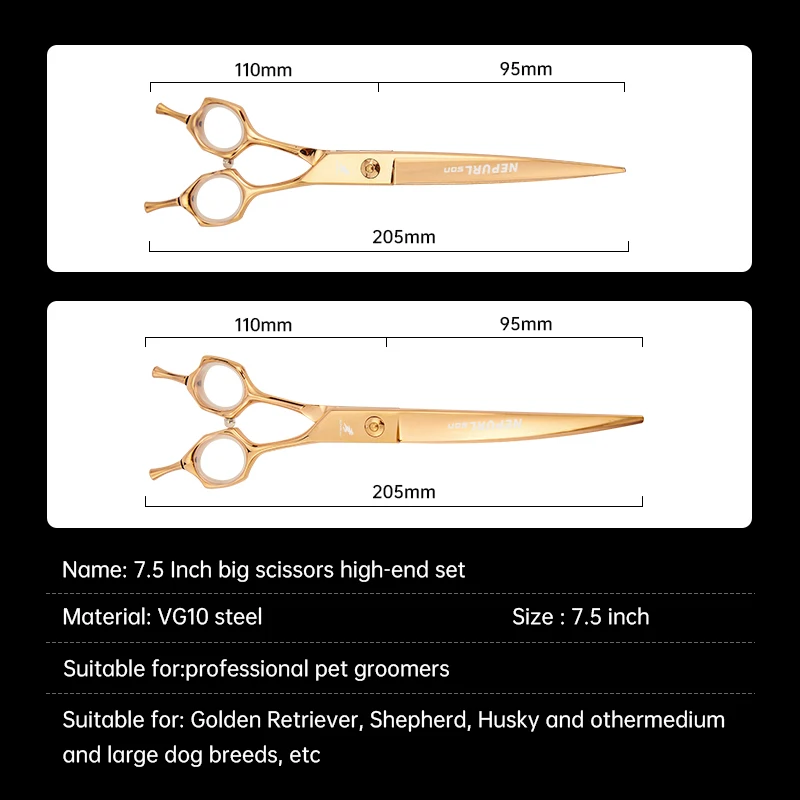 VG10 Steel High-quality 7.5 Inch Professional Pet Scissors For Dog Grooming Cutting Big Quick Trim Straight Curved Shears