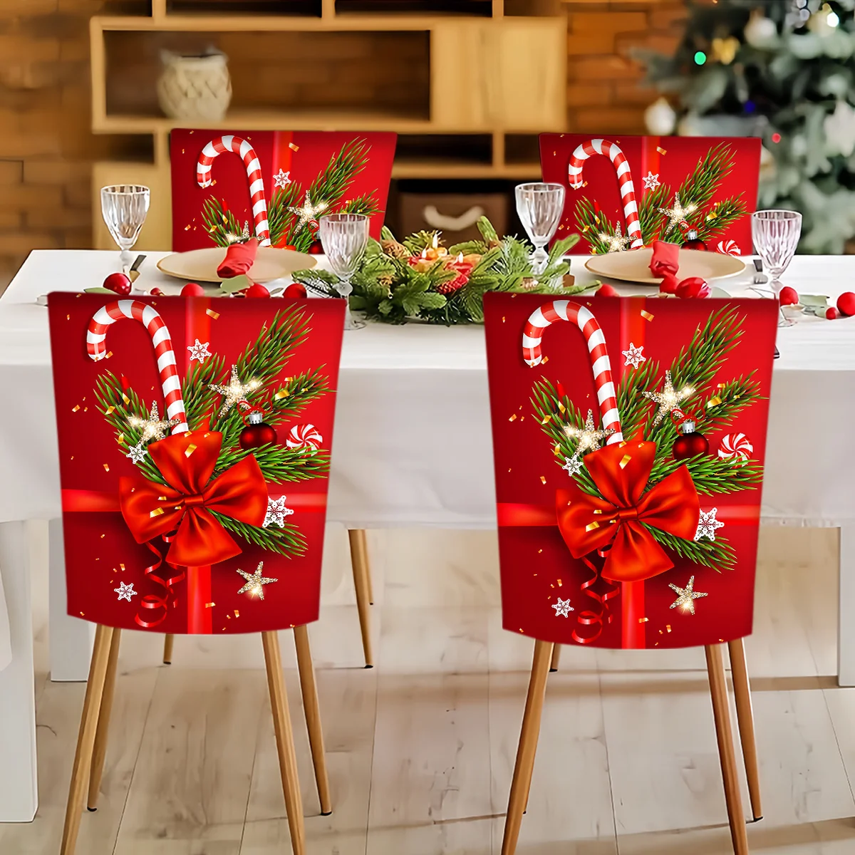 2/4/6pcs Christmas red bow-shaped candy cane pattern printed short plush chair back cover, for Christmas party decoration