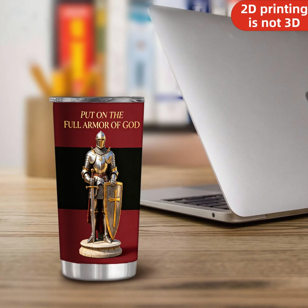 20oz Put On The Full Armor of God Printed Stainless Steel Tumbler with Lid and Straw, Christian Knight Sword Shield Vacuum Insulated Travel Mug Religious Gifts for Men