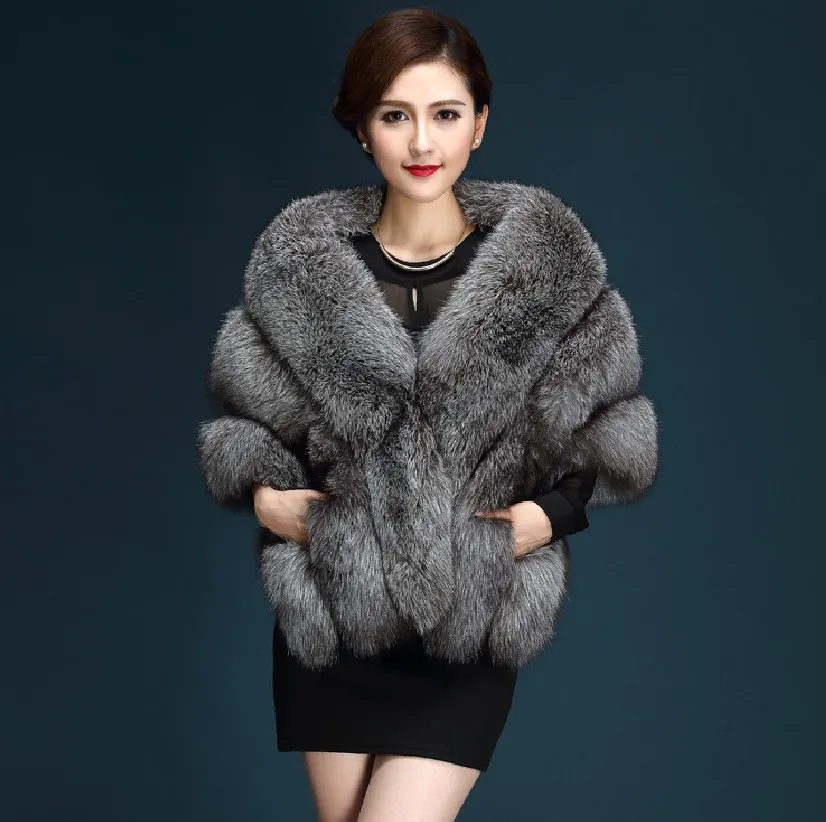 Women Fall Winter New Arrival Imitation Fox Fur Cape Vest With Pockets Casual Outerwear Coat