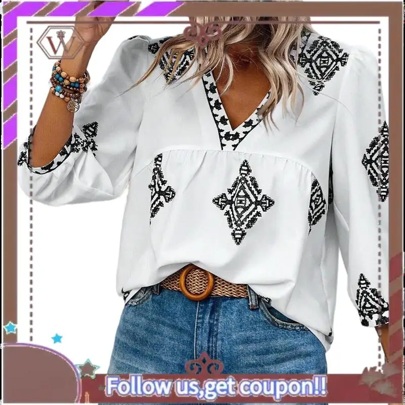 A95D-Mulheres casuais com decote em V estampa floral chiffon blusas manga 3/4 boho verão tops camisas