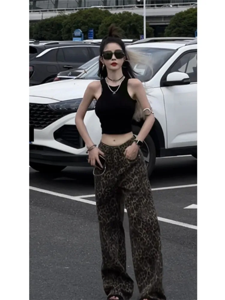 

High Waist Wide Leg Leopard Print Denim Pants Women's Spring Autumn Long Drapey Loose Fit American Vintage Floor Length