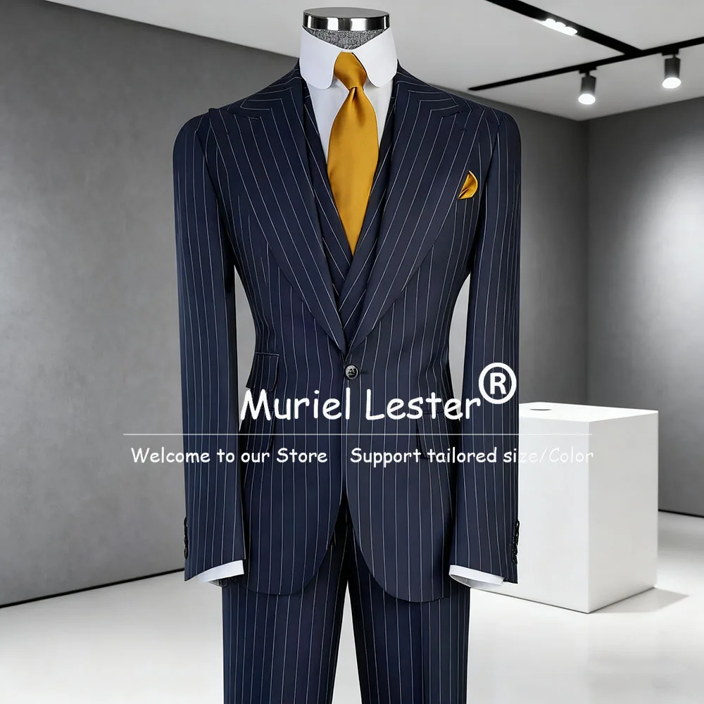 

Classic Stripes Suits Men 3 Pieces Single Breasted Business Blazers Outfits Customized Groom Formal Party Tuxedos Costume Homme