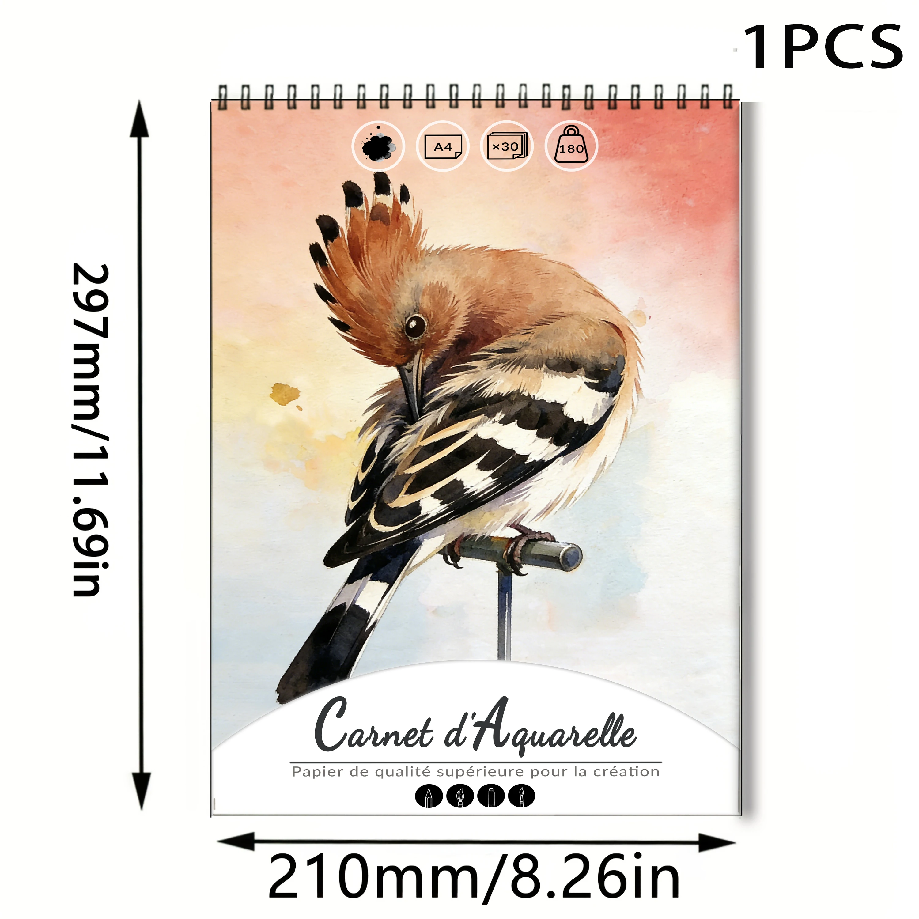 A4 Spiral Bound Watercolor Sketchbook, 180gsm Acid-Free Cold Press Art Paper Pad, 30 Sheets Perforated Watercolor Notebook