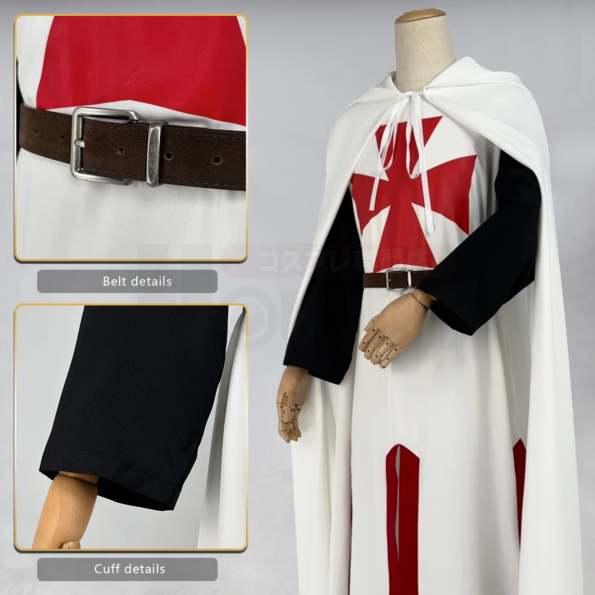 HOLOUN Medieval Crusader Knights Templar Robe With Hooded Cape Cosplay Costume Convention Halloween Christmas Party Outfit view 2