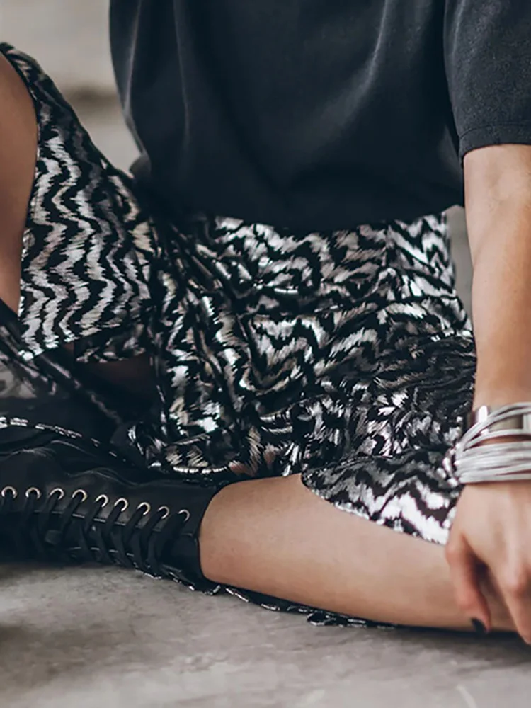 Women Print Patchwork Slit Elastic Waist Skirt Casual Lady Streetwear Vintage Long Skirt Spring Summer Loose Ankle-Length Skirt