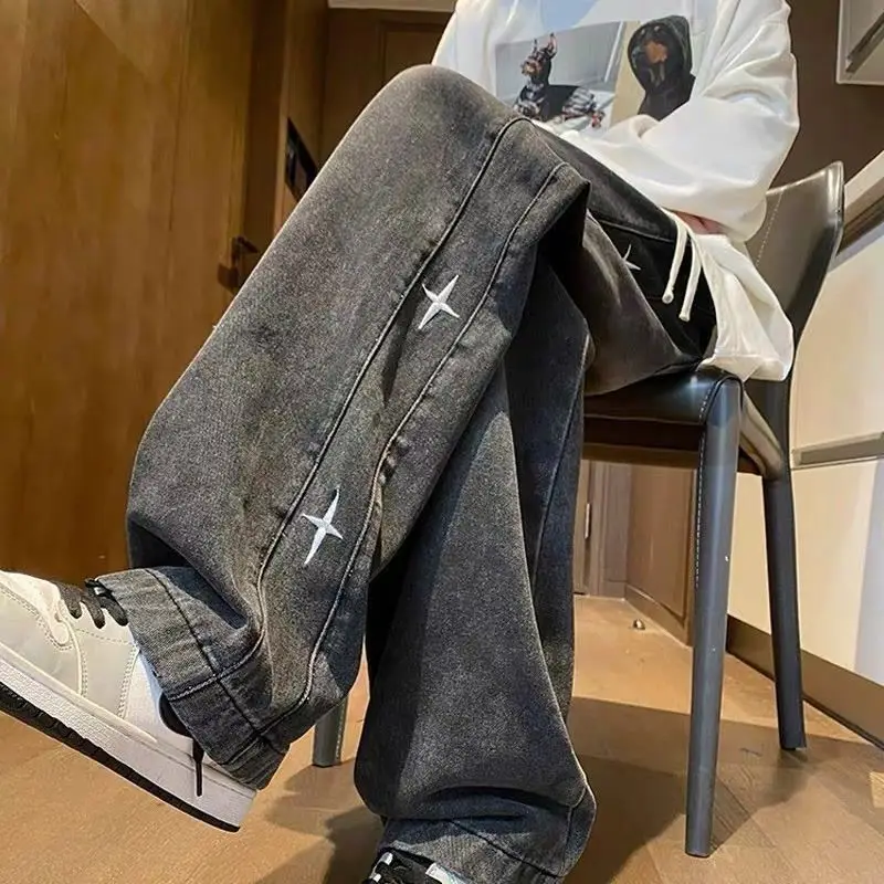 American Vintage Star Fashion Embroidery Jeans Men's Clothing Straight Loose Spring Autumn Youthful Vitality Spliced Trousers