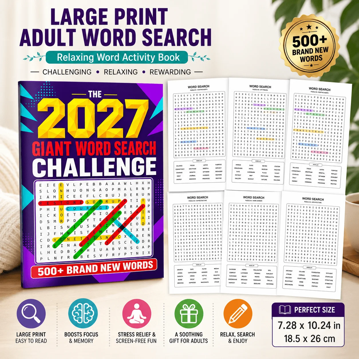 2027 Giant Word Search Challenge, Large Print Puzzle Book with 500+ New Words for Focus, Memory, Travel and Relaxation