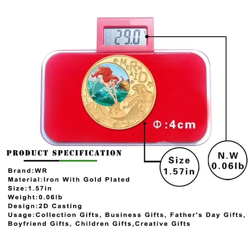 Disney ariel a pequena sereia princesa moeda comemorativa anime figuras de ação bonito menina lembrança moedas crianças presente aniversário