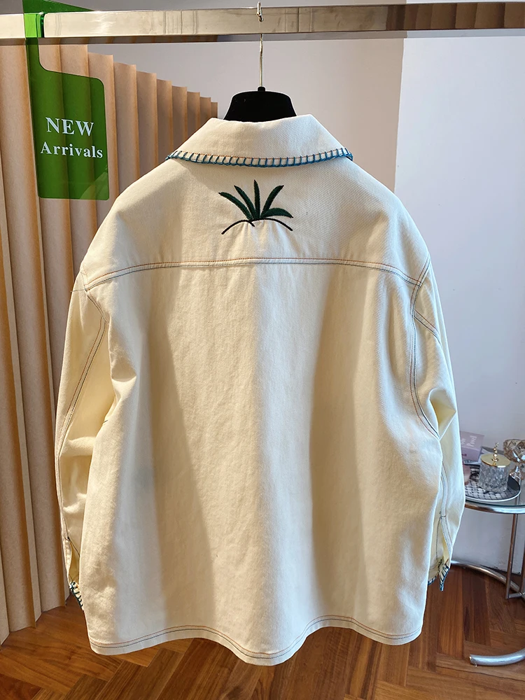 High-End Katoen Linnen Geborduurd Denim Jaet Dames Losse Sle Lente 2025, Nieuwe Collectie Casual Comfortabele Button-Up Top