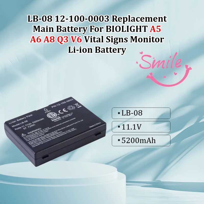 LB-08 12-100-0003 Replacement Main Battery Compatible With BIOLIGHT A5 A6 A8 Q3 V6 Vital Signs Monitor Li-ion Battery