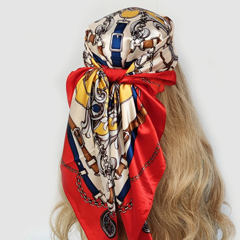 Women Silk Scarf Euro Green Square Head Scarves Wraps Luxury Brand Quality Female Foulard Satin Shawls and Wraps 90*90