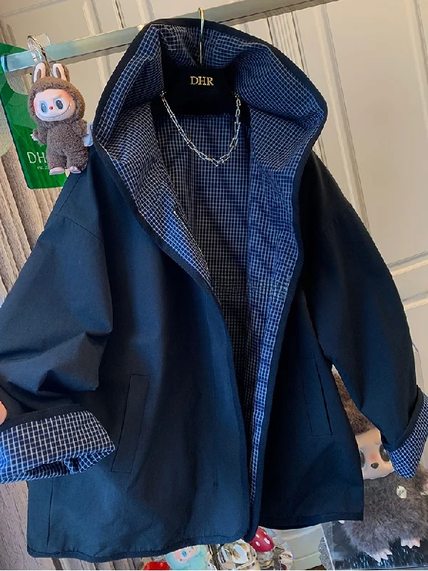 

plus Size Women's Casual Plaid Hooded Jacket 2300 Pounds Design Spring Autumn Loose Style Windbreaker Double Sided Wear