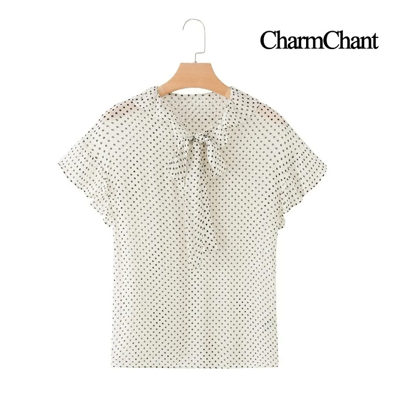 CHARMCHANT Summer White Black Dot Print Short Sleeve Vest Women Bow Tie Collar Casual Loose Tank Top Fashion Office Lady Blouse