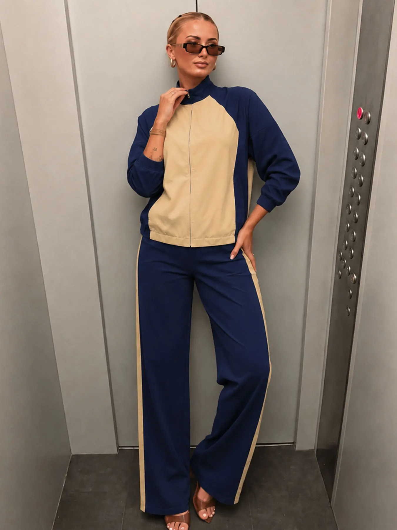 Women Color Block 2 Piece Stand Collar Zip Up Loose Jacket Elastic Waist Wide Leg Pant Set Casual Autumn Fashion Party Suit