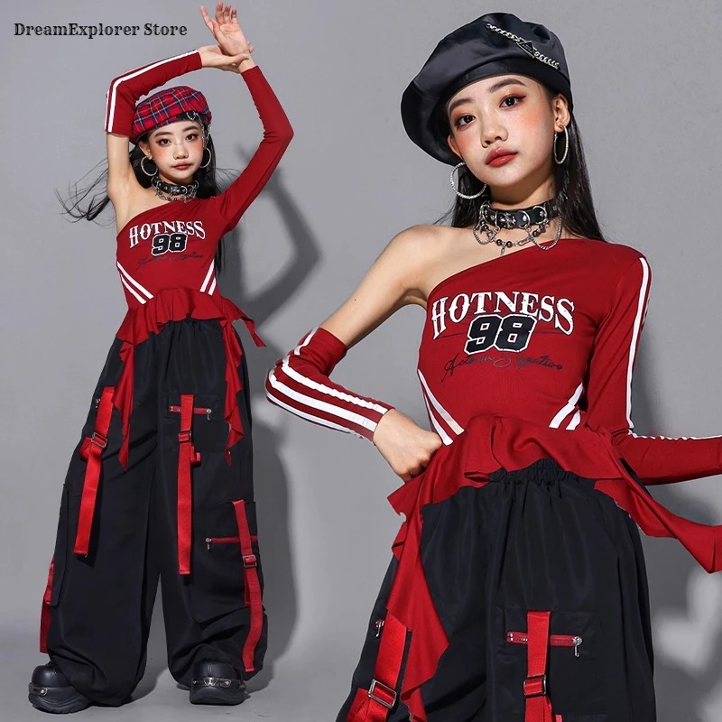 الهيب هوب الفتيات K-pop قبالة الكتف المحاصيل الأعلى ‌ بيان السراويل البضائع الاطفال الشارع الشهير زي الطفل الجاز فتاة مجموعة ملابس الرقص مجموعة