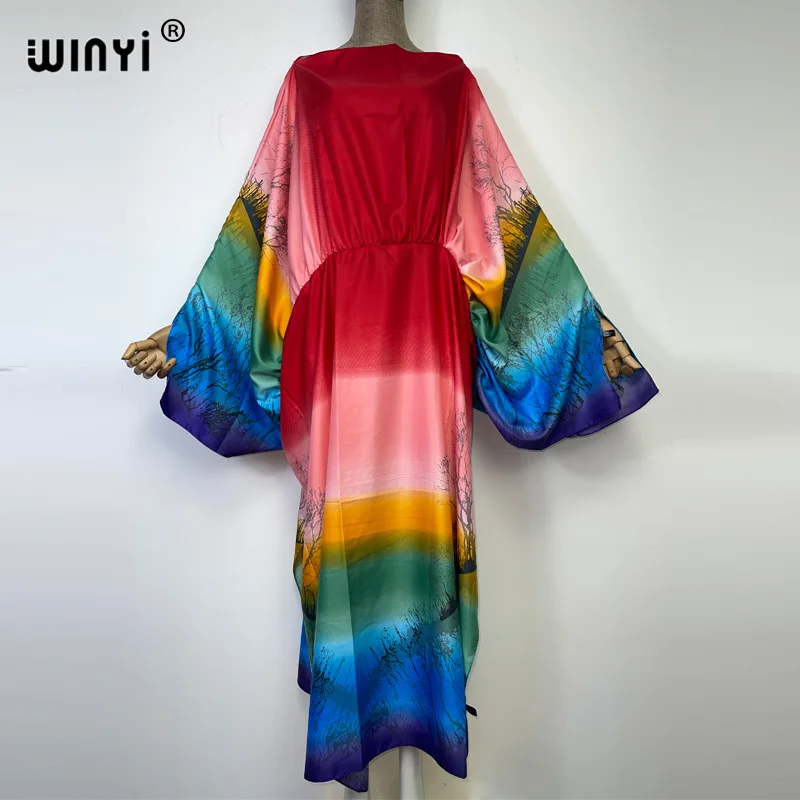 

WINYI 2022 Middle East summer fashion Printed Party Long Dress Women Elegant kaftan one Neck long Sleeve Dress Ladie Beach Dress