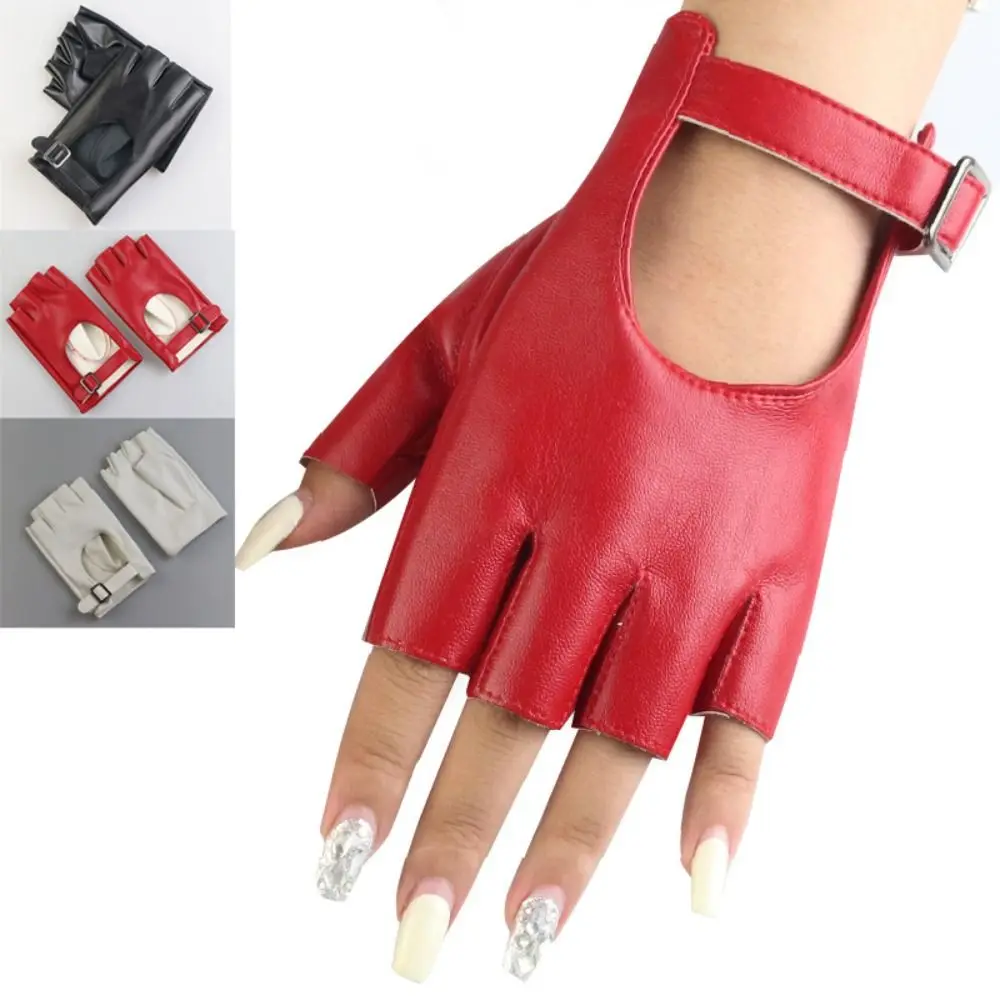 New Fashion Waterproof Fingerless Gloves Short Style Square Buckle Half Finger Gloves Punk Design PU Leather Gloves Dance