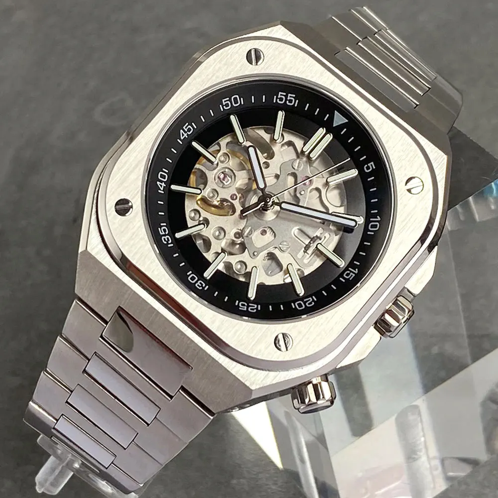 

Tandorio Новый 42 мм квадратное сапфировое стекло черный/белый скелетонизированный циферблат стеклянная задняя панель 20ATM NH70 автоматические мужские часы для дайвинга браслет