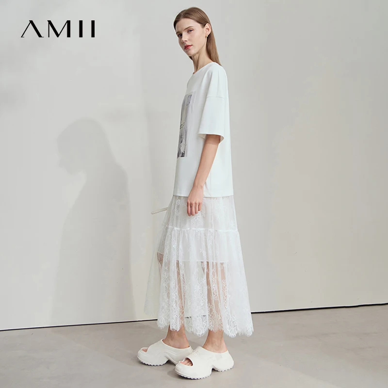 AMII プリントカジュアルサマードレス女性 2025 半袖ラウンドネックスプライシングレース Tシャツドレス女性のファッションストレート 12542199