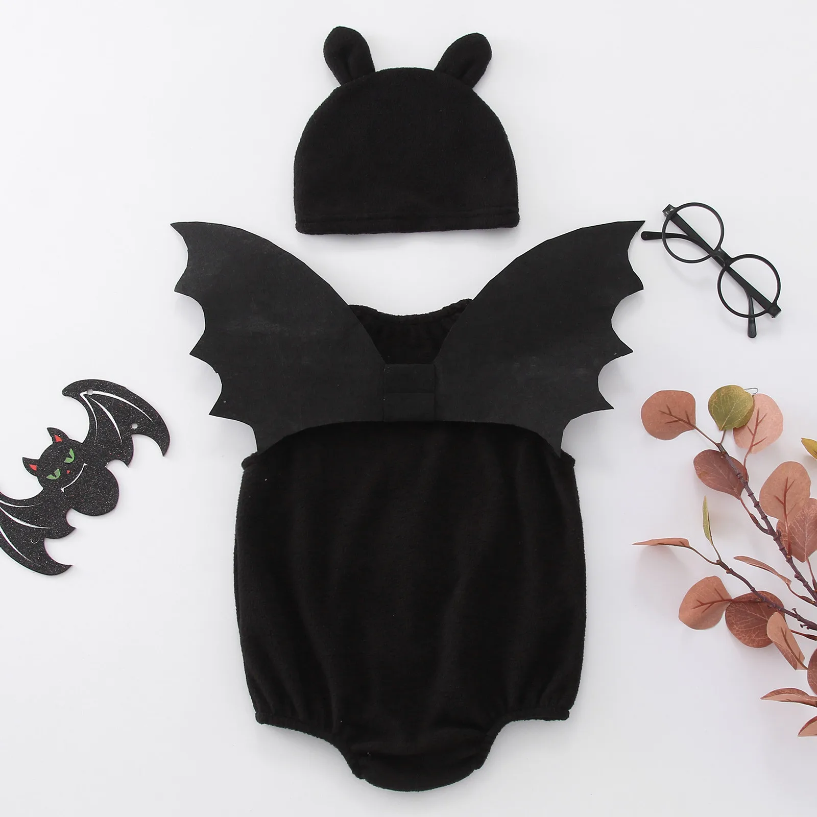 0-24M Toddler Infant Baby Girls Boys Halloween Sets Bat Monster Soft Fleece Romper Jumpsuit Sets With Wing Hat 3PCS Costumes