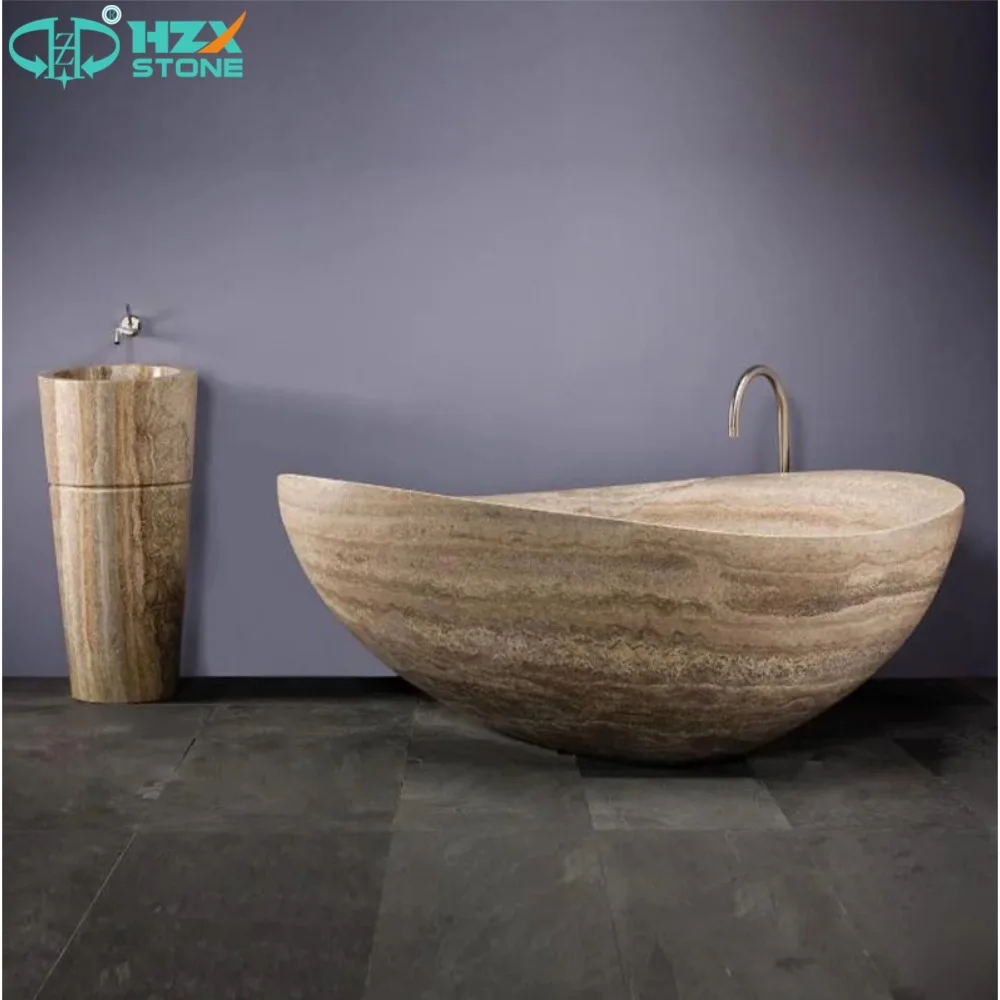 Travertine Marble Stone Freestanding Bath Tub Modern Handcrafted Polished Soaking Whirlpool Eco-Friendly Villa