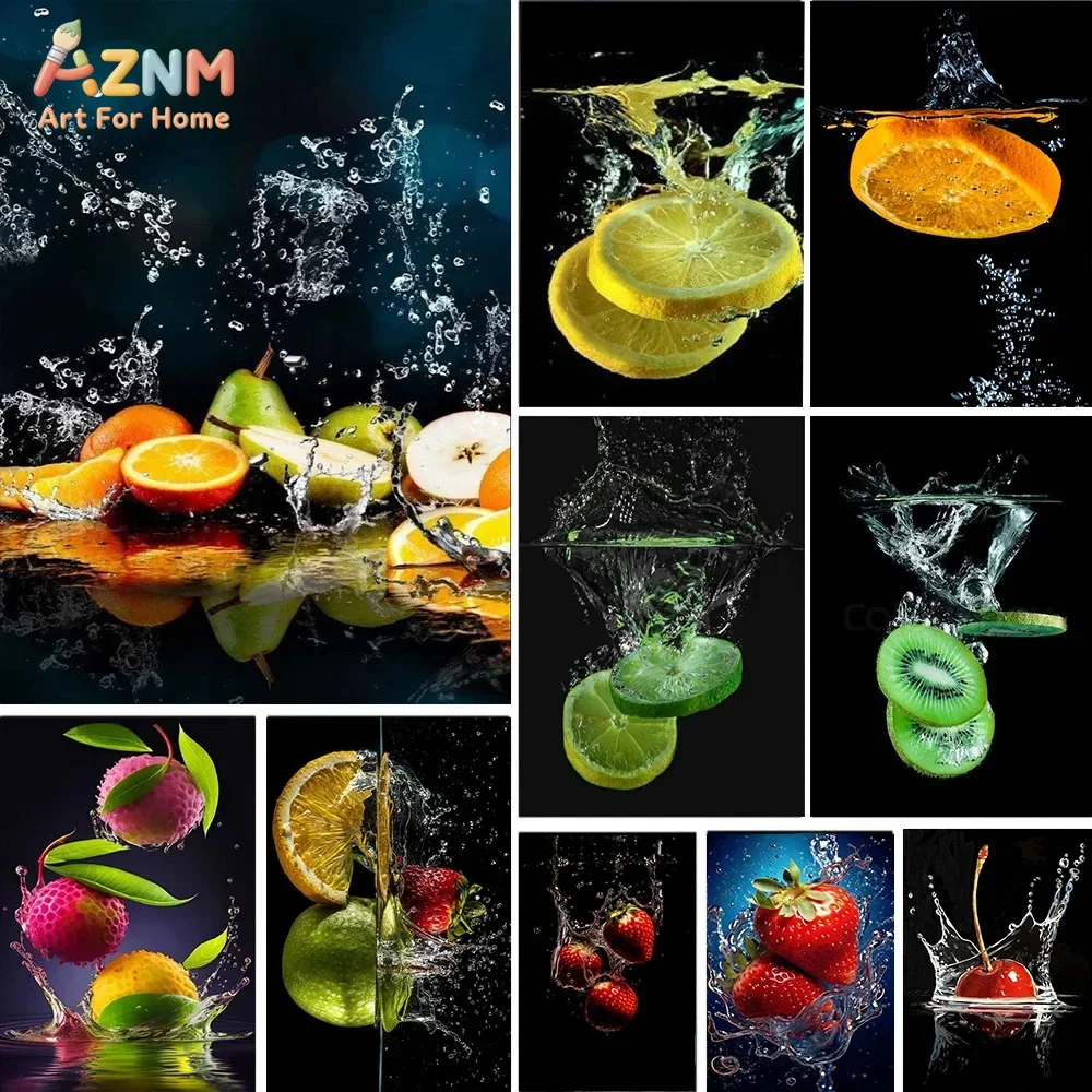 AZNM Unframed Canvas Print Fresh Fruits Water Splash Wall Art Kitchen Food Photography Home Decor Poster