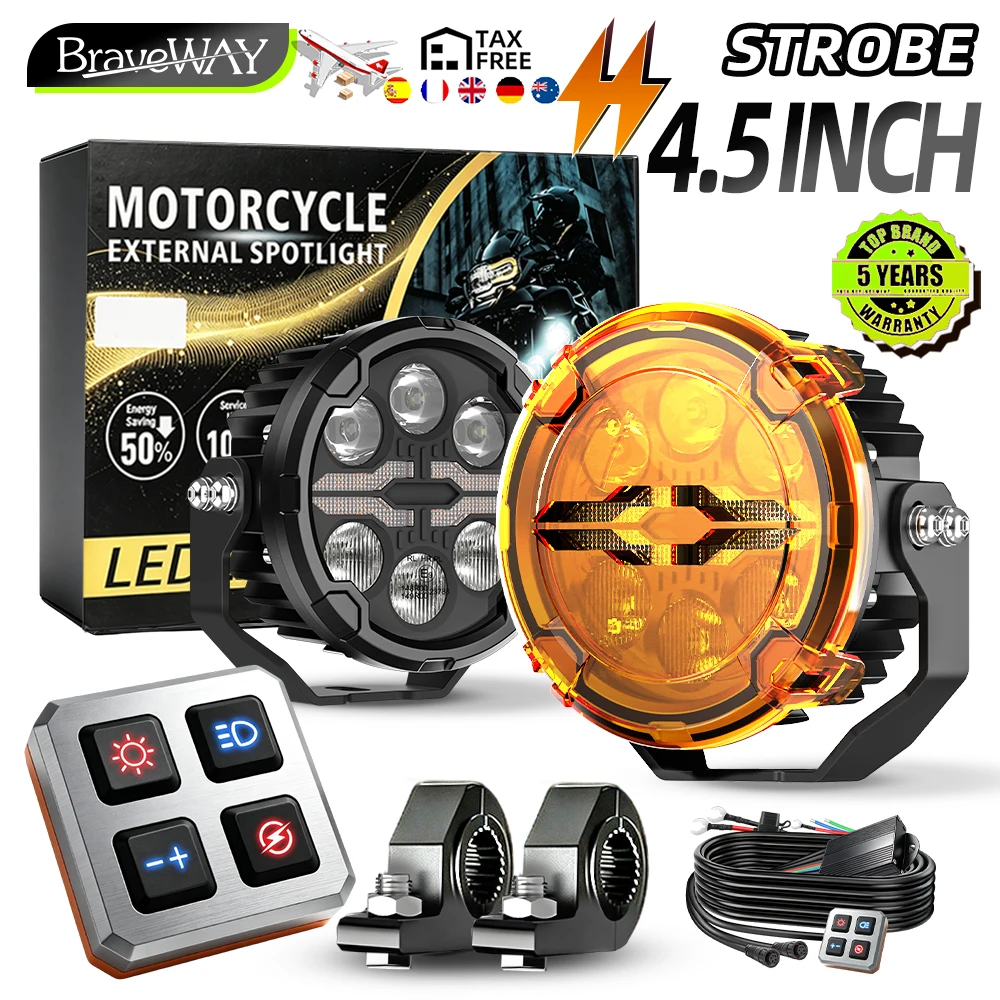 Faro fendinebbia a LED per moto Braveway ad alta potenza da 4,5 pollici, lente proiettore, abbagliante e anabbagliante, DRL bianco ambra, luce stroboscopica, lampada da guida fuoristrada 12V 24V