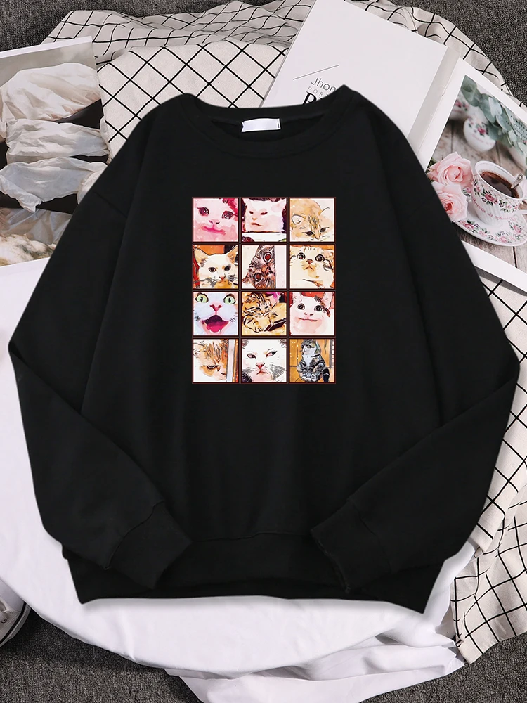 12 Meme Cat Facial Expression Packswomen Hoodies Fashion Casual Sweatshirts Autumn Soft Sportswear Warm Full Sleeve Pullovers