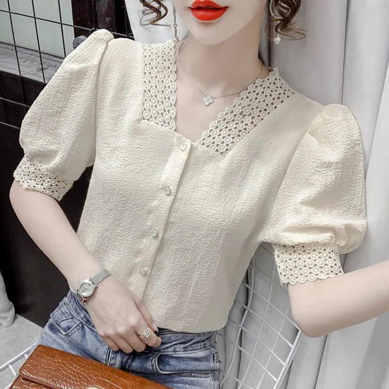 Hollow Out V Neck Lace Tops Tees Summer New Short Sleeve Button Solid Color Temperament T Shirts Sweet Fashion Women Clothing