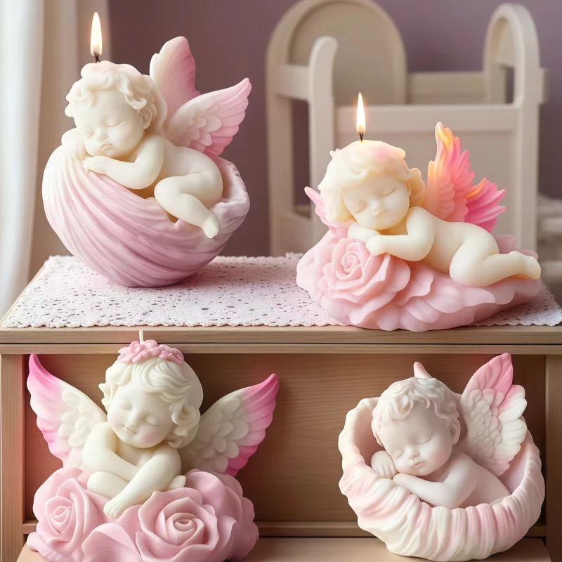 Valentine's Day Angel Silicone Candle Mold, 3D Sleeping Cherub on Rose Wax Mould for DIY Resin Plaster Gift