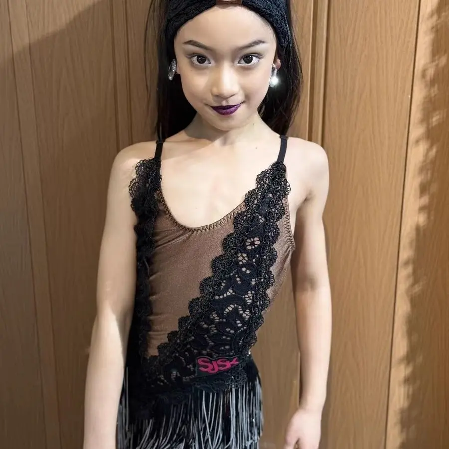 2025년 신상 라틴 댄스 의상 소녀용 스트랩 레이스 태슬 드레스 공연 드레스 차차 룸바 탱고 댄스 어린이 라틴 드레스
