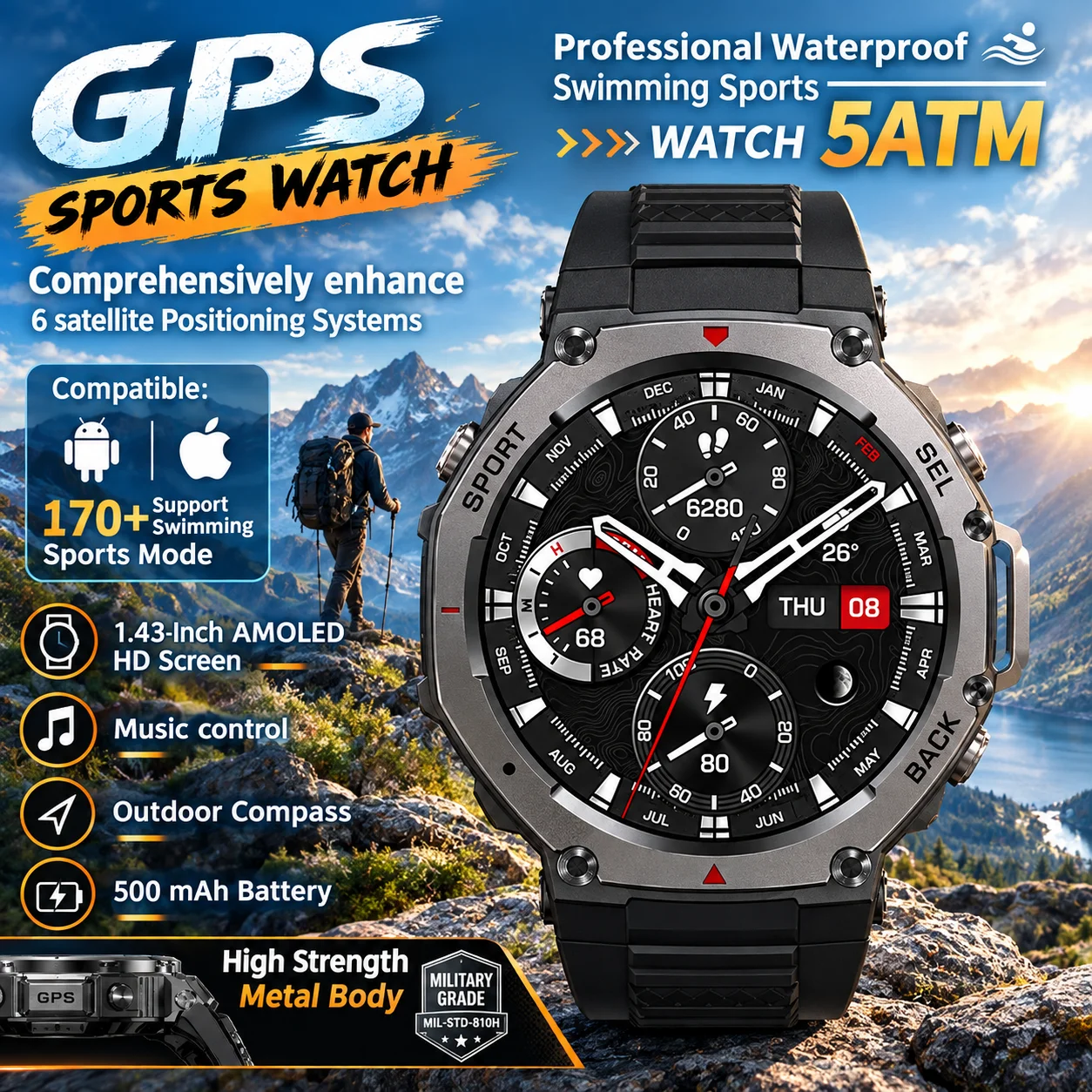 T-Rex 3 Ultra Military Grade GPS Smart Watch 5ATM Waterproof Compass Altimeter Barometric AMOLED Men HD Call Sports Smartwatch