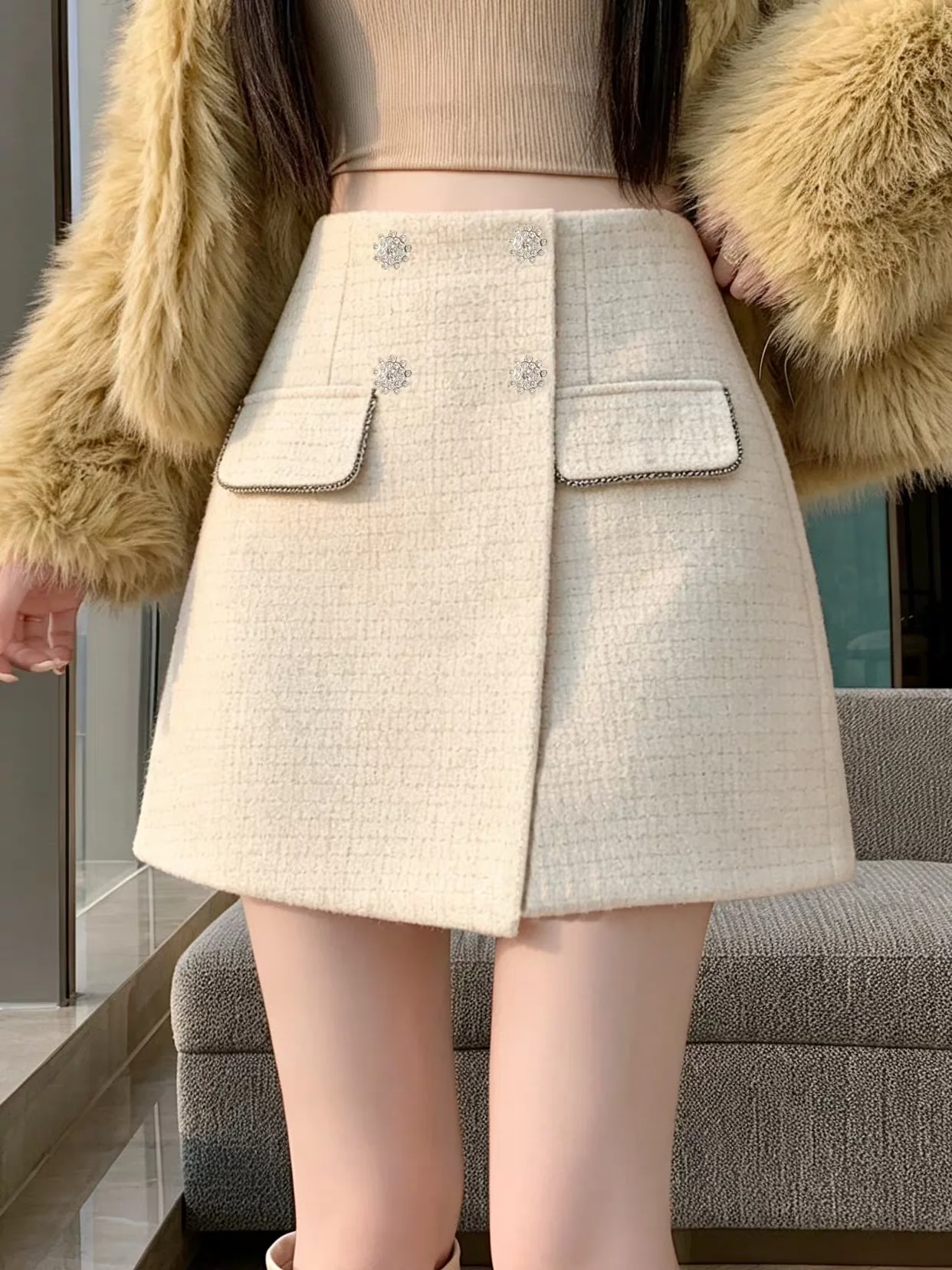 2026 Fall Winter High Waist A-Line Wool Skirt for Women, Bodycon Mini Skort with Pockets, Casual Tweed Outwear for Work
