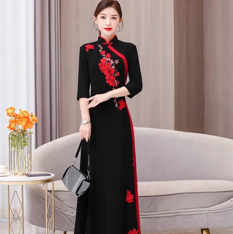 

Платье Cheongsam в китайском этническом стиле с рукавами семь четвертей