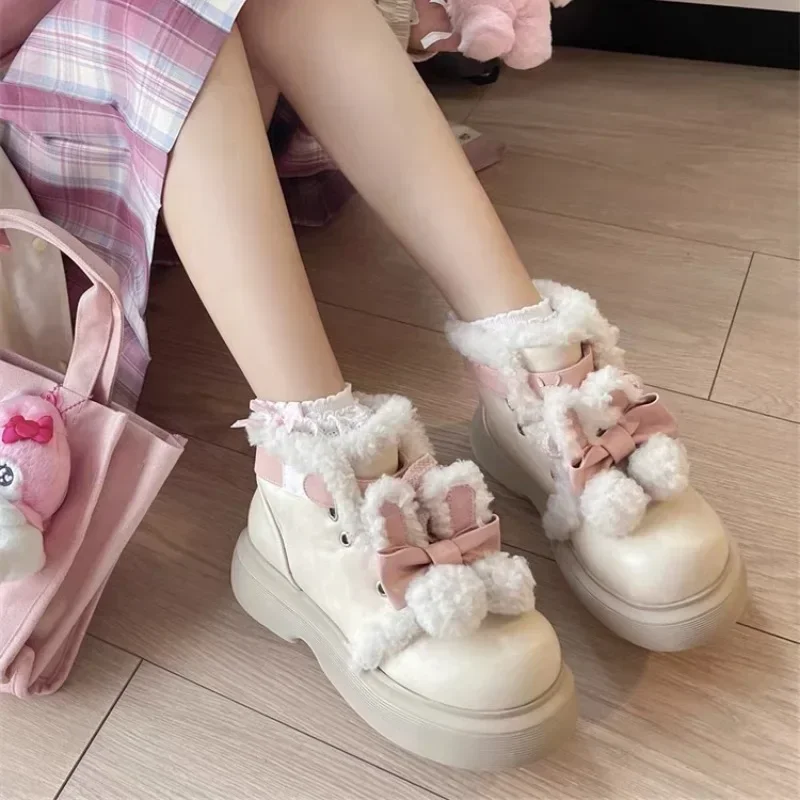 Furry Women\'s Boots 2024 New Winter Plush Warm Lolita Women Shoes Sweet Cute Girl Platform Shoes Waterproof Non-slip Snow Boots