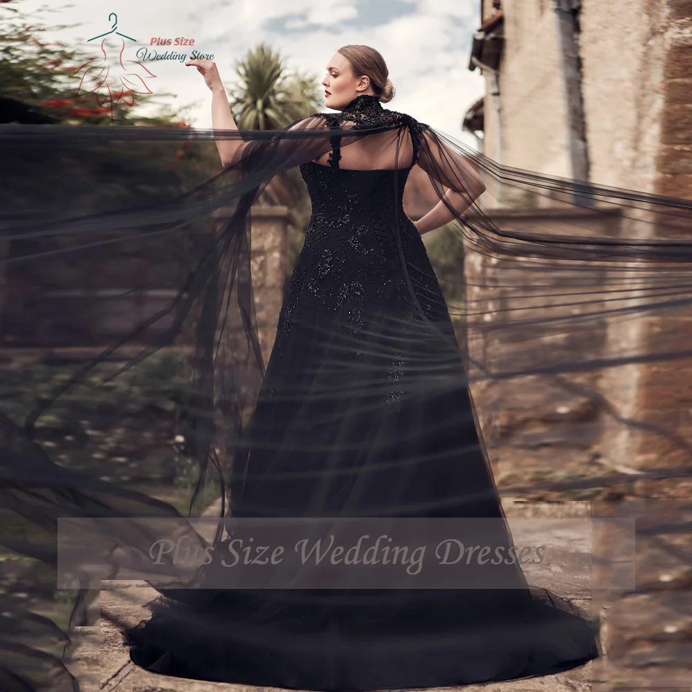 Sparkly Black Wedding Dresses Plus Size High Neck Sleeveless A-Line Bride Gowns Sequin Bead Lace-up Sweep Train Robe De Mariee