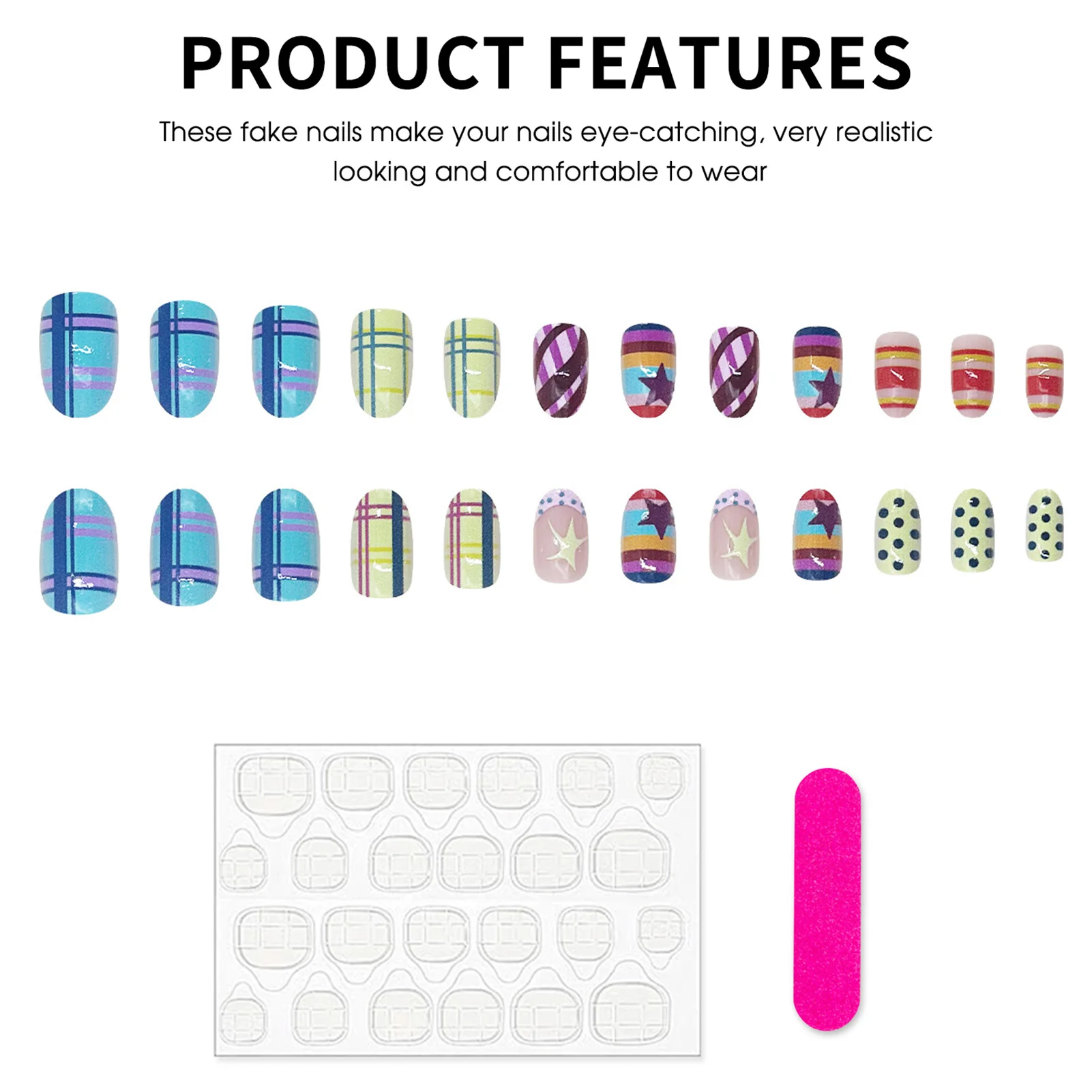 24Pcs Y2K Girls Fake Nail Tips Short Round Press On Nails Colorful Star/Stripe/Polka Dot Printed Daily and Party False Nails