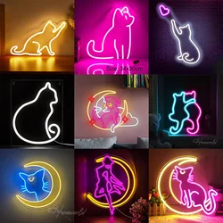 Moon Cat Neon Sign Light Custom LED Animal Beauty Business Logo Night Lamp Decor Bedroom Wall Shop Children's Gift Party