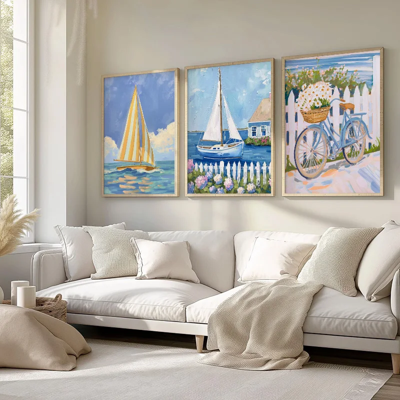 Frameless canvas paintings,Coastal and Tropical Art Seascape Coastal Surfers Swimming Beach Photography Poster Canvas Painting W