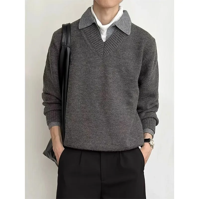 

Мужской трикотажный джемпер с V-образным вырезом и отложным воротником, базовая модель, зима 2024, новинка, из полиэфирного волокна, повседневная одежда