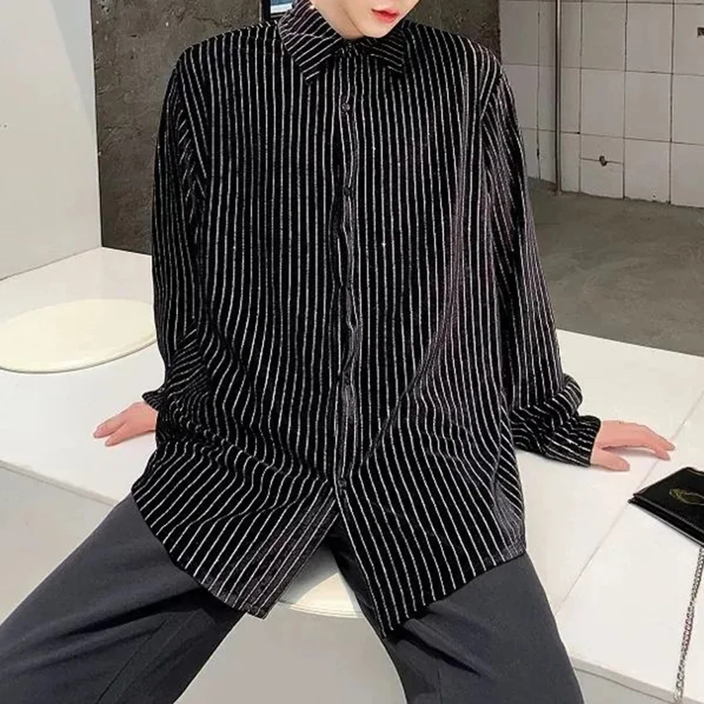 

Summer New Men's Vertical Striped Long Shirt Korean Retro Fashion Trend Casual Loose Simple Niche Party Nightclub Men's Tops