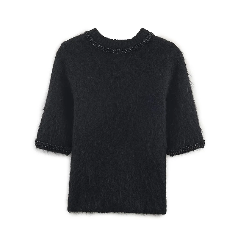 Tidalyf Camicetta pullover lavorata a maglia da donna Moda retrò sottile con perline Elegante maglione da donna Pullover Chic maglione lavorato a maglia giovane