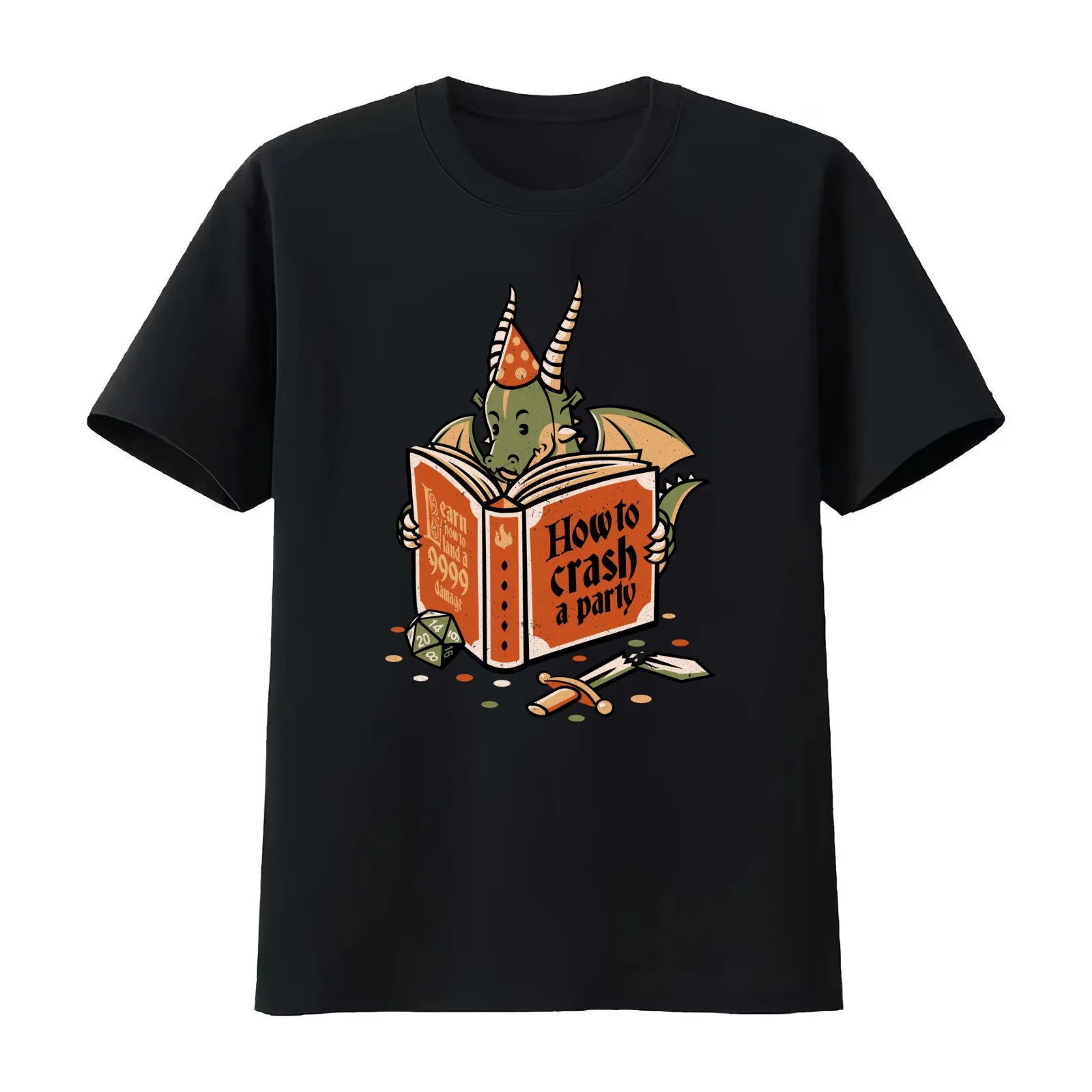 Dragon Reading a Book RPG Party Crashing by Tobe Fonseca T-Shirt Summer Casual Cotton Tee Oversized Streetwear Tops