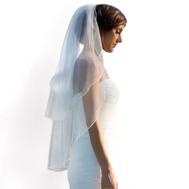 Double Layer Womens Irregular Length Wedding Veil 2 Tier Plain Solid Color Pleated Drape Soft Tulle Short Bridal Comb