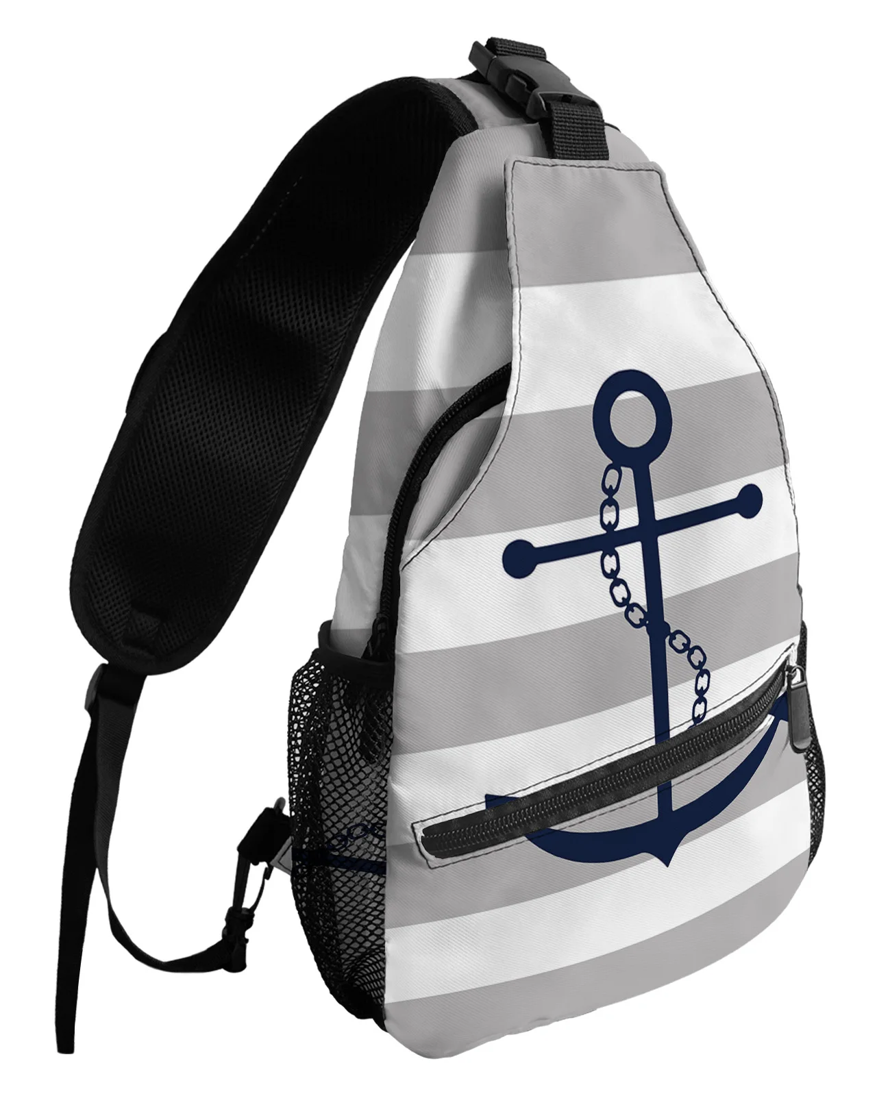 

Grey Stripes Anchor Chest Bags For Women Men Waterproof Messenger Bags Female Travel Sport Adjustable One Shoulder Crossbody Bag