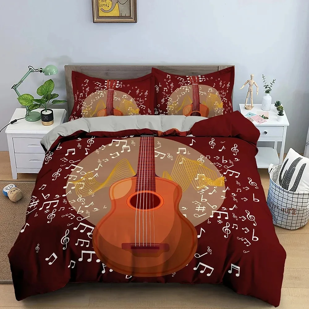 Guitar Duvet Cover Twin King Rock Music Note Comforter Cover Microfiber Grunge Style Electric Guitar Bedding Set For Kids Teen