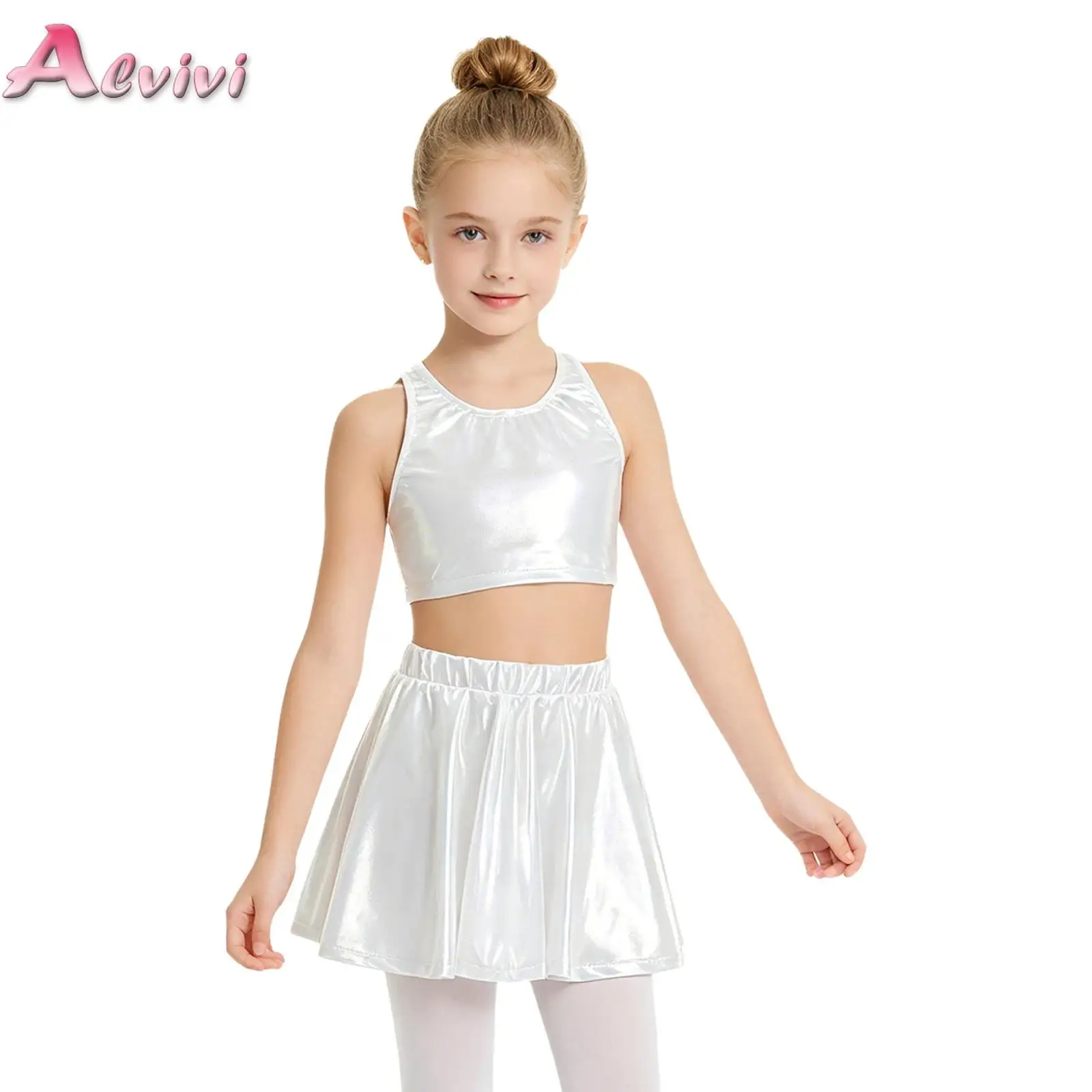 2Pcs Kids Girls Metallic Outfit Sleeveless Crop Top with Skirt Dance Suit for Jazz Modern Hip Hop Dance Cheerleading Performance